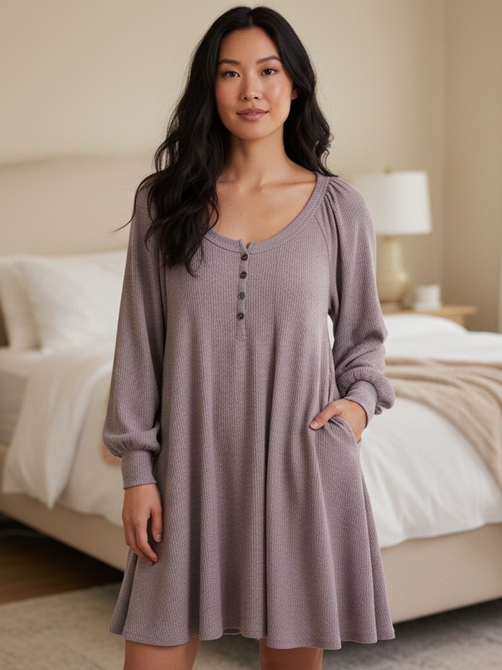NATURAL LIFE Washed Mauve Long-Sleeve Henley Swing Dress